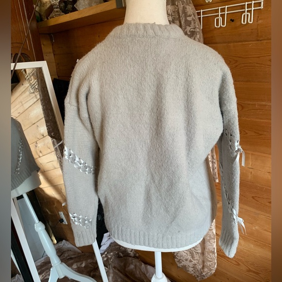 Vintage Fisherman Sweater Grey Merino blend Ribbon Coquette Twee Granny Cottage - Picture 8 of 11